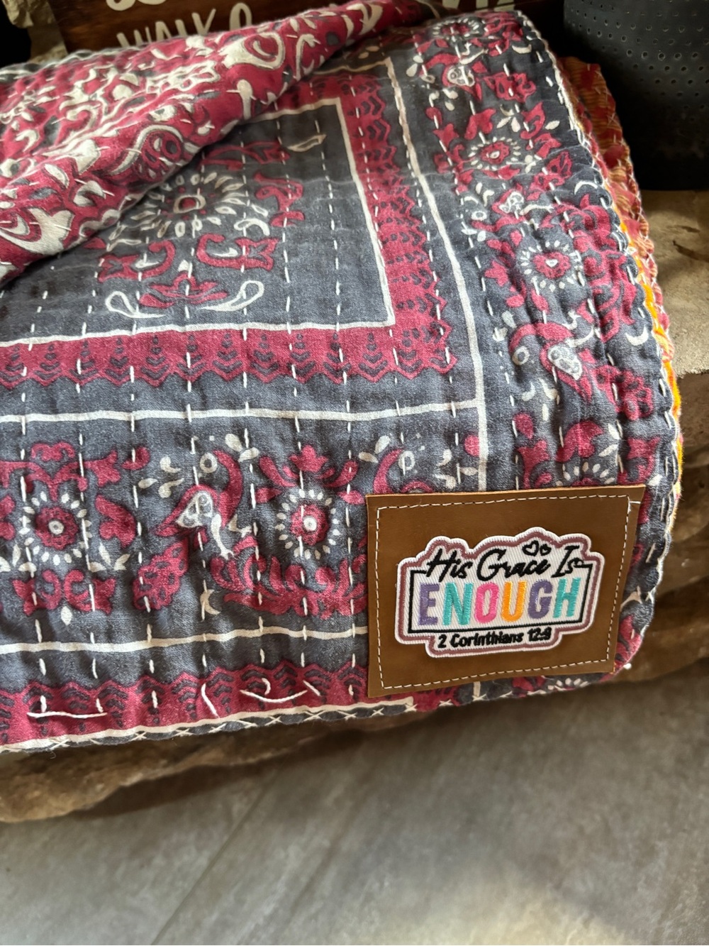 His Grace Is Enough Quilted Kantha Throw Blanket - Gray & Burgundy